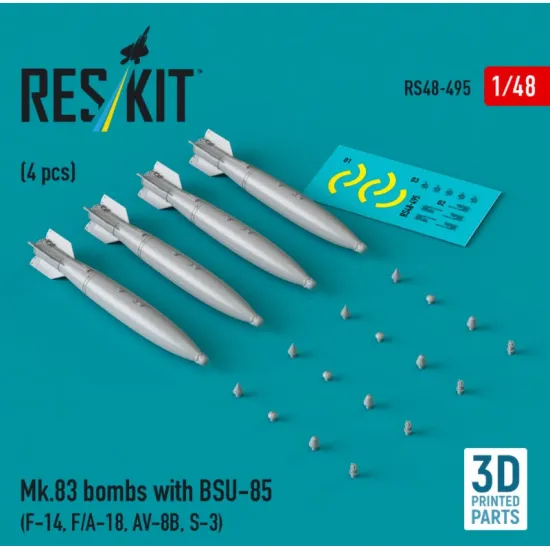 Reskit Rs48-0495 1/48 Mk83 Bombs With Bsu-85 4 Pcs F-14 F/A-18 Av-8b S-3 3d Printed