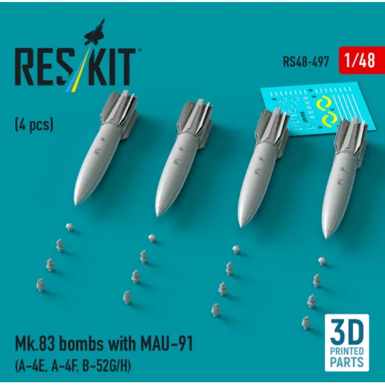 Reskit Rs48-0497 1/48 Mk83 Bombs With Mau-91 4 Pcs A-4e A-4f B-52g/H 3d Printed