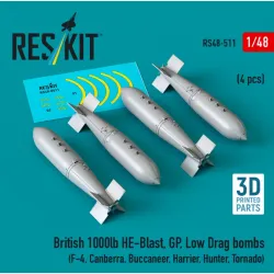 Reskit Rs48-0511 1/48 British 1000lb He-blast Gp Low Drag Bombs 4pcs F-4 Canberra Buccaneer Harrier Hunter Tornado 3d Printed