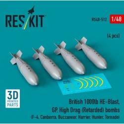 Reskit Rs48-0512 1/48 British 1000lb He-blast Gphigh Drag Retarded Bombs 4pcs F-4 Canberra Buccaneer Harrier Hunter Tornado 3d Printed
