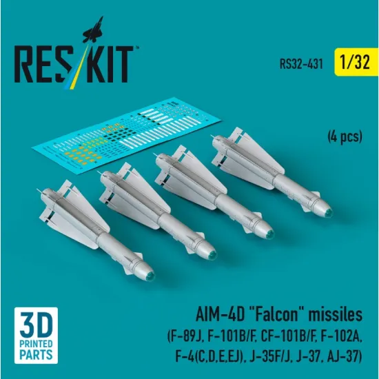 Reskit Rs32-0431 1/32 Aim-4d Falcon Missiles 4 Pcs F-89j F-101b/F Cf-101b/F F-102a F-4 C D E Ej J-35f/J J-37 Aj-37 3d Printed