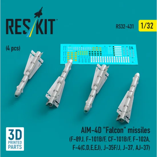 Reskit Rs32-0431 1/32 Aim-4d Falcon Missiles 4 Pcs F-89j F-101b/F Cf-101b/F F-102a F-4 C D E Ej J-35f/J J-37 Aj-37 3d Printed