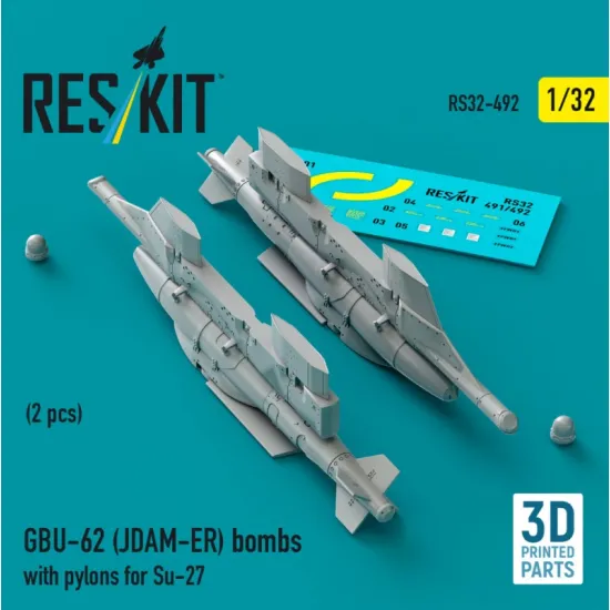 Reskit Rs32-0492 1/32 Gbu-62 Jdam-er Bombs With Pylons For Su-27 2 Pcs 3d Printed