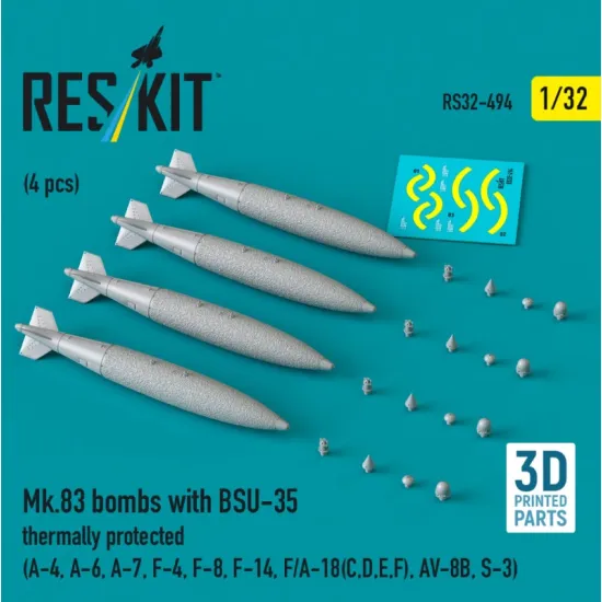 Reskit Rs32-0494 1/32 Mk83 Bombs With Bsu-35 Thermally Protected 4 Pcs A-4 A-6 A-7 F-4 F-8 F-14 F/A-18 C D E F Av-8b S-3 3d Printed