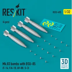 Reskit Rs32-0495 1/32 Mk83 Bombs With Bsu-85 4 Pcs F-14 F/A-18 Av-8b S-3 3d Printed
