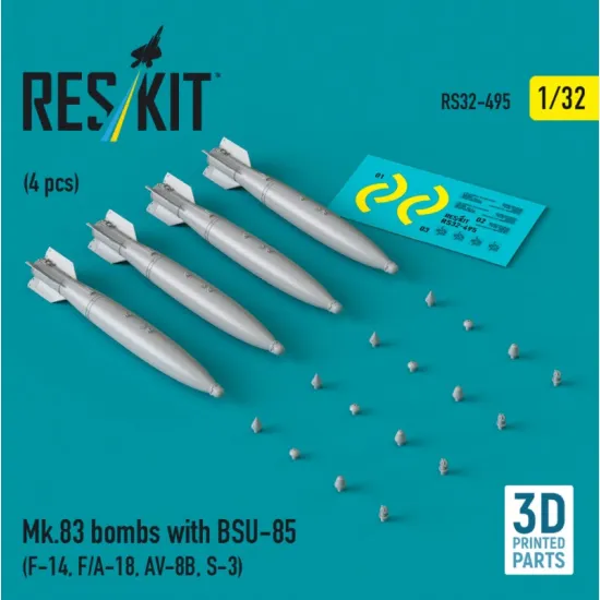 Reskit Rs32-0495 1/32 Mk83 Bombs With Bsu-85 4 Pcs F-14 F/A-18 Av-8b S-3 3d Printed