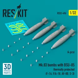 Reskit Rs32-0496 1/32 Mk83 Bombs With Bsu-85 Thermally Protected 4 Pcs F-14 F/A-18 Av-8b S-3 3d Printed