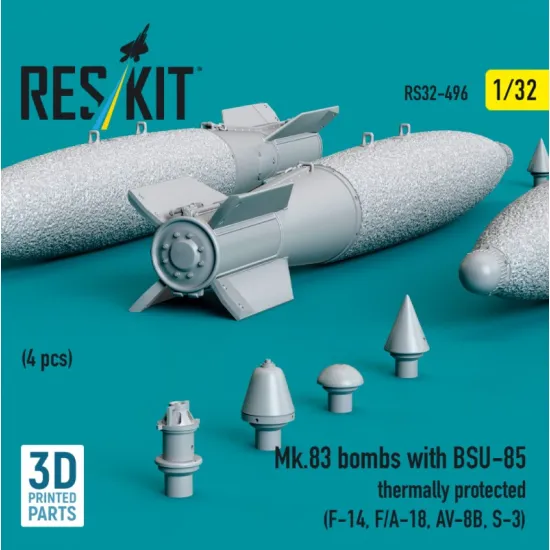 Reskit Rs32-0496 1/32 Mk83 Bombs With Bsu-85 Thermally Protected 4 Pcs F-14 F/A-18 Av-8b S-3 3d Printed