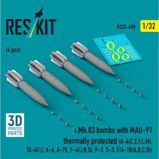 Reskit Rs32-0498 1/32 Mk83 Bombs With Mau-91 Thermally Protected 4pcs A-4 C E F L M Ta-4f/J A-6 A-7e F-4 J N S P-3 S-3 F/A-18 A B C D 3d Printed