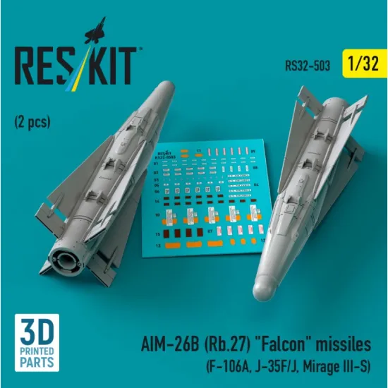 Reskit Rs32-0503 1/32 Aim-26b Rb27 Falcon Missiles 2 Pcs F-106a J-35f/J Mirage 3-s 3d Printed