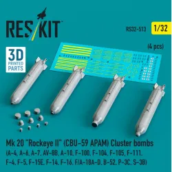 Reskit Rs32-0513 1/32 Mk 20 Rockeye 2 Cbu-59 Apam Cluster Bombs A-4 A-6 A-7 Av-8b A-10 F-100 F-104 F-105 F-111 F-4 F-5 F-15e F-14 F-16 F/A-18a-d B-52 P-3c S-3b 4 Pcs 3d Printed