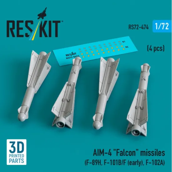 Reskit Rs72-0474 1/72 Aim-4 Falcon Missiles 4 Pcs F-89h F-101b/F Early F-102a 3d Printed