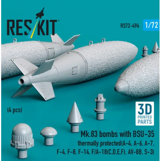 Reskit Rs72-0494 1/72 Mk83 Bombs With Bsu-35 Thermally Protected 4 Pcs A-4 A-6 A-7 F-4 F-8 F-14 F/A-18 C D E F Av-8b S-3 3d Printed
