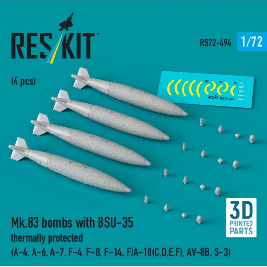 Reskit Rs72-0495 1/72 Mk83 Bombs With Bsu-85 4pcs F-14 F/A-18 Av-8b S-3 3d Printed