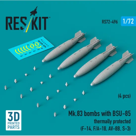 Reskit Rs72-0496 1/72 Mk83 Bombs With Bsu-85 Thermally Protected 4pcs F-14 F/A-18 Av-8b S-3 3d Printed