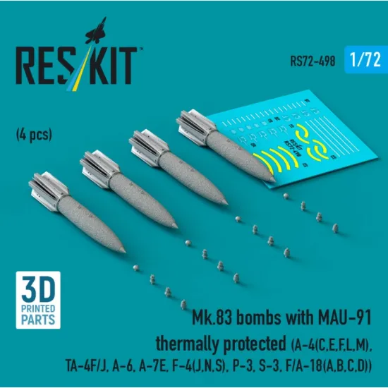 Reskit Rs72-0498 1/72 Mk83 Bombs With Mau-91 Thermally Protected 4pcs A-4e A-4f B-52g/H 3d Printed