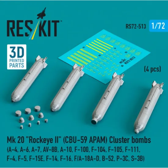 Reskit Rs72-0513 1/72 Mk 20 Rockeye 2 Cbu-59 Apam Cluster Bombs A-4 A-6 A-7 Av-8b A-10 F-100 F-104 F-105 F-111 F-4 F-5 F-15e F-14 F-16 F/A-18a-d B-52 P-3c S-3b 4 Pcs 3d Printed