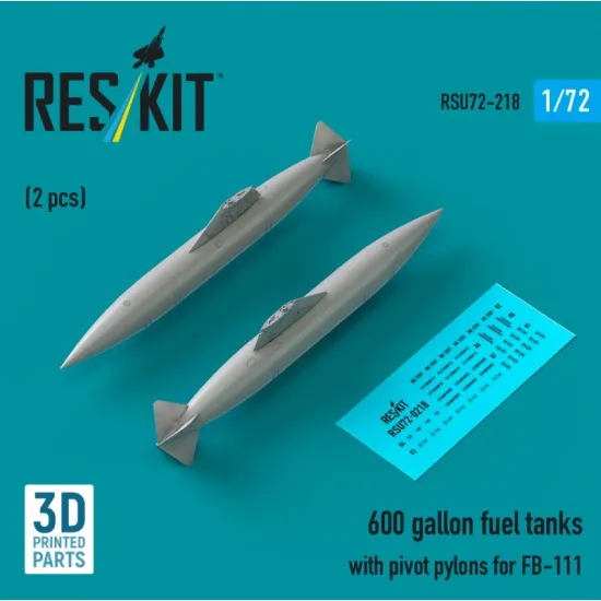 Reskit Rsu72-0218 1/72 600 Gallon Fuel Tanks With Pivot Pylons For Fb-111 2 Pcs 3d Printed