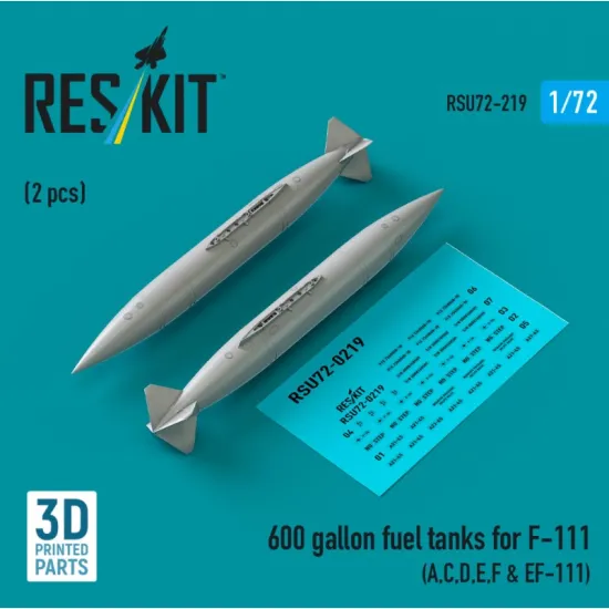 Reskit Rsu72-0219 1/72 600 Gallon Fuel Tanks For F-111 A C D E F Ef-111 2 Pcs 3d Printed