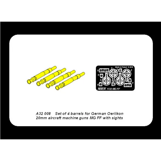 Set of 4 barrels for German Oerlikon 20mm aircraft machine guns MG FF with sights 1/32 Aber A32-008