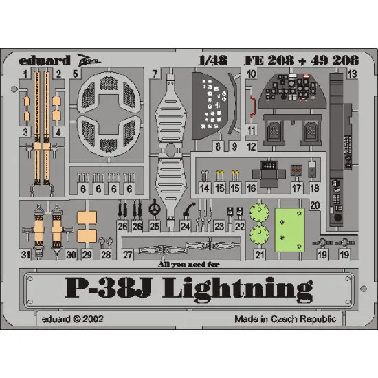 Photoetched set P-38J Color, for Hasegawa kit 1/48 Eduard FE208