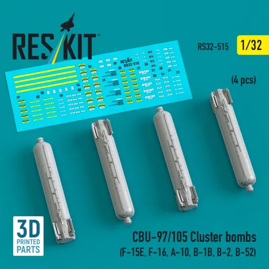Reskit Rs32-0515 1/32 Cbu-97/105 Cluster Bombs 4 Pcs 3d Printed Resin Kit