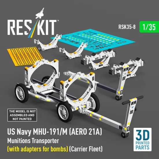 Reskit Rsk35-0008 1/35 Us Navy Mhu-191/M Aero 21a Munitions Transporter With Adapters For Bombs Carrier Fleet
