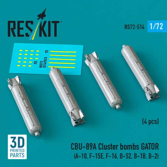 Reskit Rs72-0514 1/72 Cbu-89a Cluster Bombs Gator 4 Pcs A-10, F-15e, F-16, B-52, B-1b, B-2 Dummy 3d Printed Kit