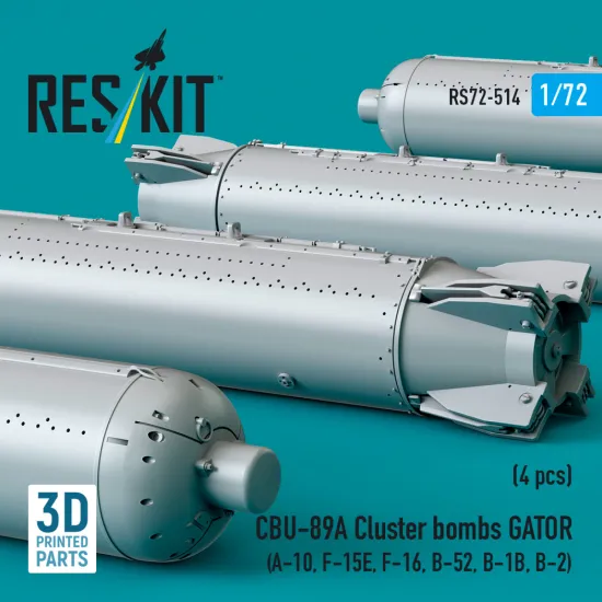 Reskit Rs72-0514 1/72 Cbu-89a Cluster Bombs Gator 4 Pcs A-10, F-15e, F-16, B-52, B-1b, B-2 Dummy 3d Printed Kit