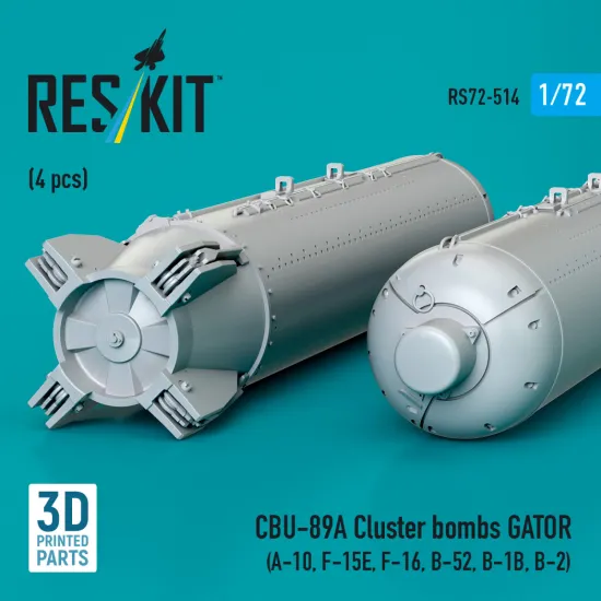 Reskit Rs72-0514 1/72 Cbu-89a Cluster Bombs Gator 4 Pcs A-10, F-15e, F-16, B-52, B-1b, B-2 Dummy 3d Printed Kit