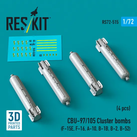 Reskit Rs72-0515 1/72 Cbu-89a Cluster Bombs Gator 4 Pcs A-10, F-15e, F-16, B-52