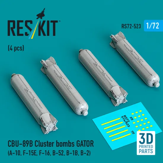 Reskit Rs72-0523 1/72 Cbu-89b Cluster Bombs Gator 4 Pcs A-10, F-15e, F-16, B-52, B-1b, B-2