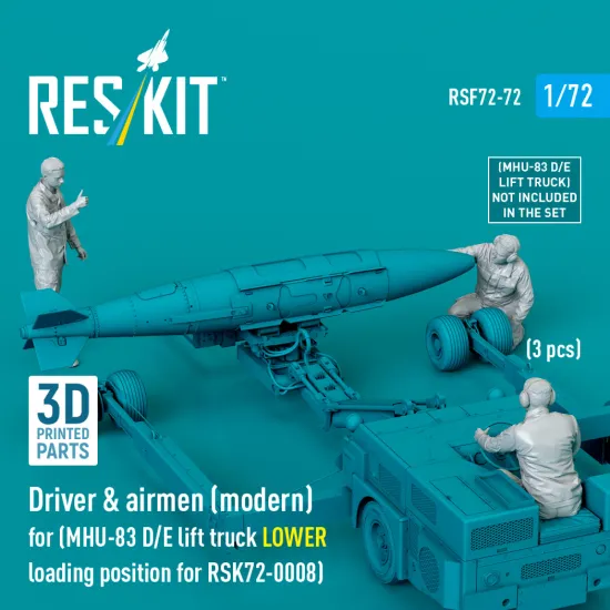 Reskit Rsf72-0072 1/72 Driver And Airmen Modern 3 Pcs Mhu-83 D/E Lift Truck Lower Loading Position For Rsk72-0008