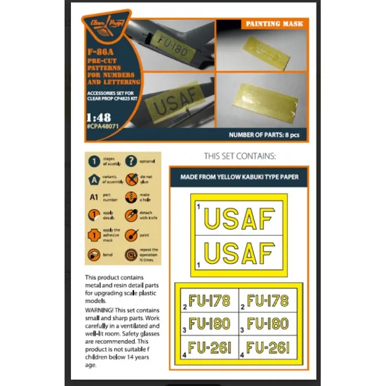 Clear Prop Cpa48071 1/48 F-86a Pre-cut Patterns For Numbers And Lettering Painting Mask On Yellow Kabuki Paper For Cp4825 Kit