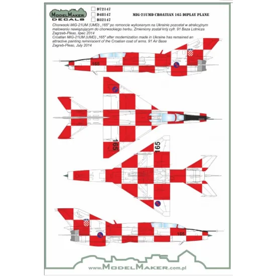Model Maker Md72147 1/72 Mig-21umd Croatian 165 Display Plane