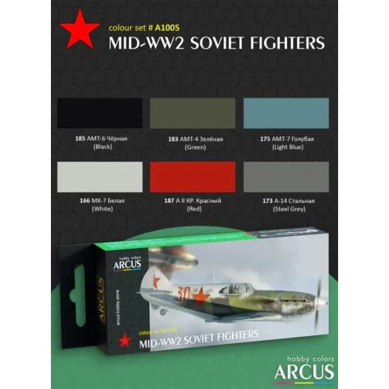 Arcus A1005 Acrylic Paints Set Mid-ww2 Soviet Fighters 6 Colors In Set 10ml