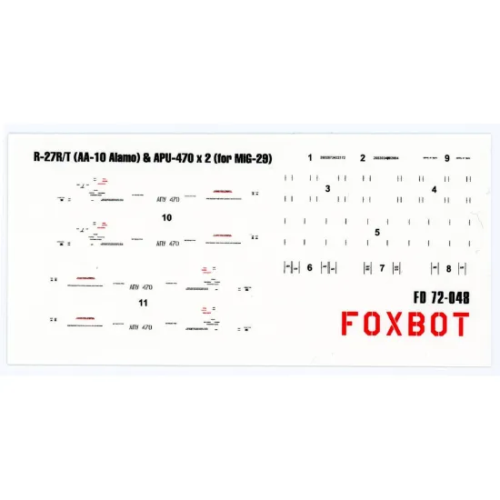Foxbot 72-048 1/72 Missile R-27r/T Aa-10 Alamo Apu-470 For Mig-29 Stencils Foxbot 72-048 1/72 Missile R-27r/T Aa-10 Alamo Apu-470 For Mig-29 Stencils