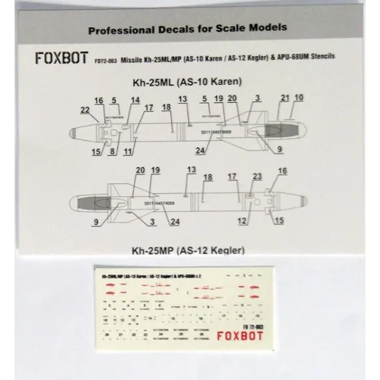 Foxbot 72-063 1/72 Missile Kh-25ml/Mp As-10 Karen / As-12 Kegier Apu-68um Stencils