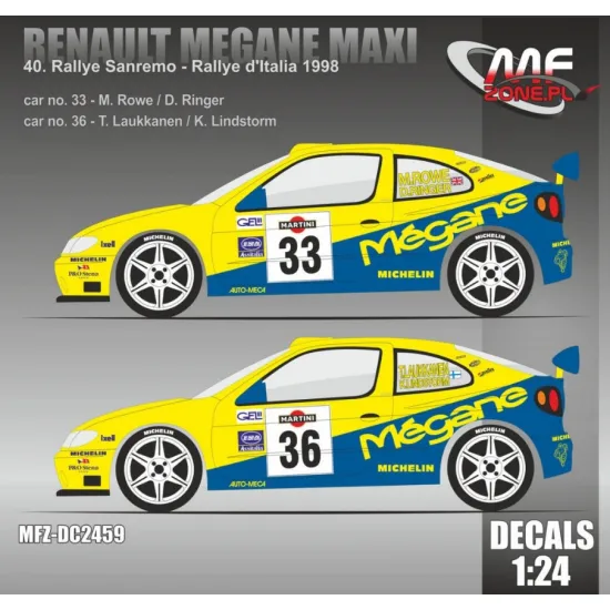 Mf-zone Dc2459 1/24 Renault Megane Maxi Rallye Sanremo 1998 33 Rowe 36 Laukkanen