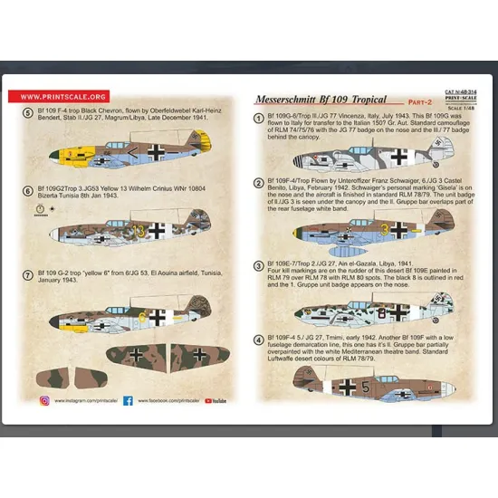 Print Scale 48-314 1/48 Messerschmitt Bf-109 Tropical Options Part 2 New