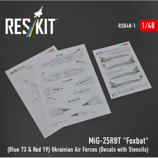 Reskit Rsb48-0001 1/48 Mig-25rbt Foxbat Blue 73 Red 19 Ukrainian Air Forces Decals With Stencils