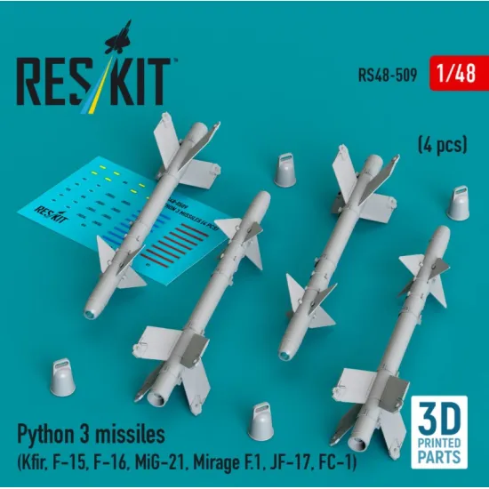 Reskit Rs48-0509 1/48 Python 3 Missiles 4 Pcs Kfir F-15 F-16 Mig-21 Mirage F1 Jf-17 Fc-1 3d Printed