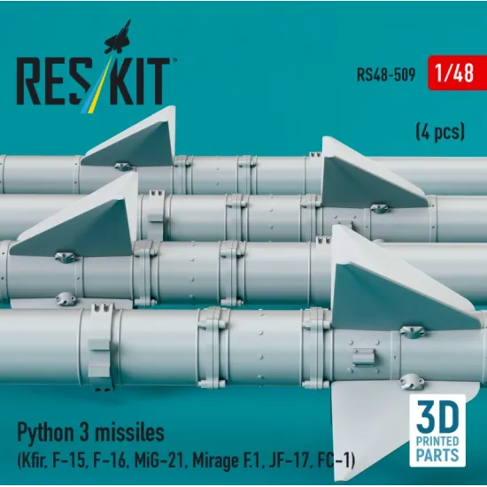 Reskit Rs48-0509 1/48 Python 3 Missiles 4 Pcs Kfir F-15 F-16 Mig-21 Mirage F1 Jf-17 Fc-1 3d Printed