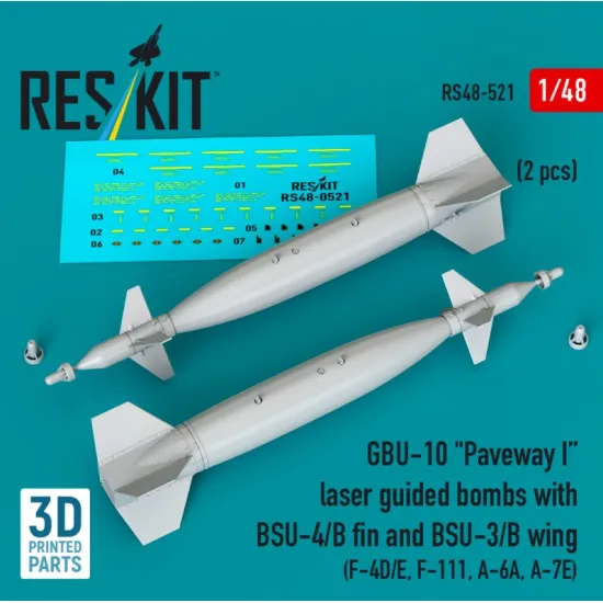 Reskit Rs48-0521 1/48 Gbu-10 Paveway I Laser Guided Bombs With Bsu-4/B Fin And Bsu-3/B Wing 2 Pcs F-4d/E F-111 A-6a A-7e 3d Printed