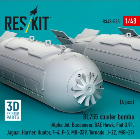 Reskit Rs48-0535 1/48 Bl755 Cluster Bombs 4pcs Alpha Jet Buccaneer Bae Hawk Fiat G91 Jaguar Harrier Hunter F-4 F-5 Mb-339 Tornado J-22 Mig-27 3d Printed