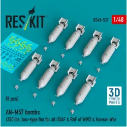 Reskit Rs48-0537 1/48 An-m57 Bombs 250 Lbs Box-type Fin For All Usaf Raf Of Ww2 Korean War 8 Pcs 3d Printed