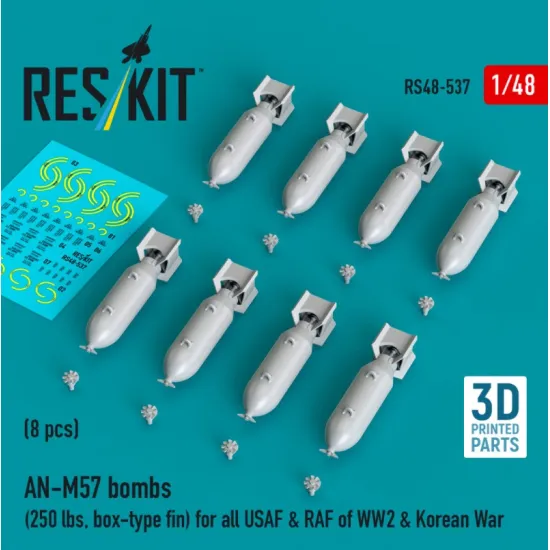 Reskit Rs48-0537 1/48 An-m57 Bombs 250 Lbs Box-type Fin For All Usaf Raf Of Ww2 Korean War 8 Pcs 3d Printed
