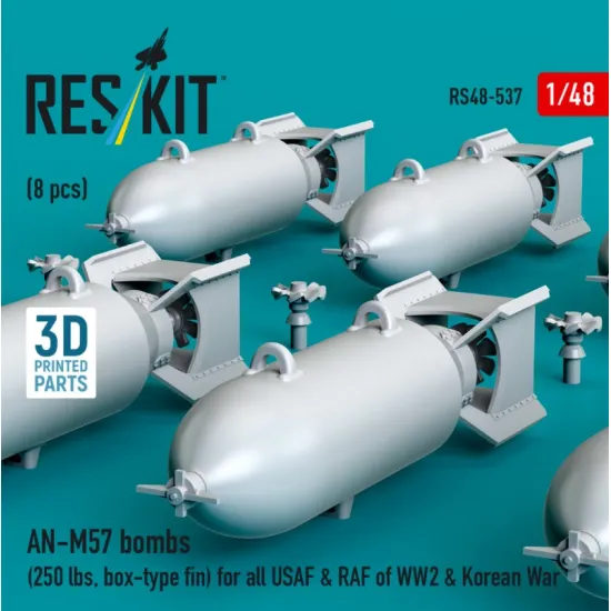 Reskit Rs48-0537 1/48 An-m57 Bombs 250 Lbs Box-type Fin For All Usaf Raf Of Ww2 Korean War 8 Pcs 3d Printed