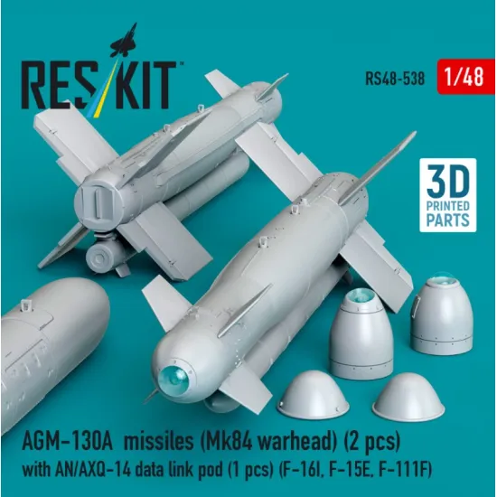 Reskit Rs48-0538 1/48 Agm-130a Missiles 2 Pcs Mk84 Warhead With An/Axq-14 Data Link Pod 1 Pcs F-16i F-15e F-111f 3d Printed