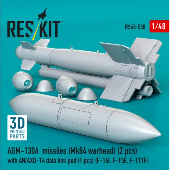Reskit Rs48-0538 1/48 Agm-130a Missiles 2 Pcs Mk84 Warhead With An/Axq-14 Data Link Pod 1 Pcs F-16i F-15e F-111f 3d Printed